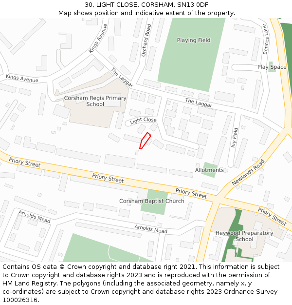 30, LIGHT CLOSE, CORSHAM, SN13 0DF: Location map and indicative extent of plot