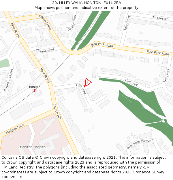 30, LILLEY WALK, HONITON, EX14 2EA: Location map and indicative extent of plot