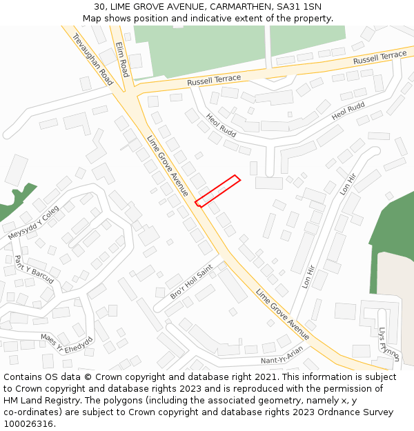 30, LIME GROVE AVENUE, CARMARTHEN, SA31 1SN: Location map and indicative extent of plot