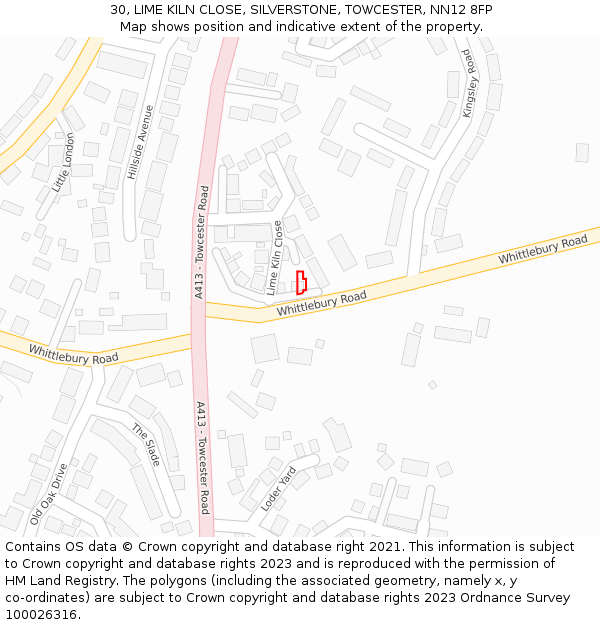 30, LIME KILN CLOSE, SILVERSTONE, TOWCESTER, NN12 8FP: Location map and indicative extent of plot
