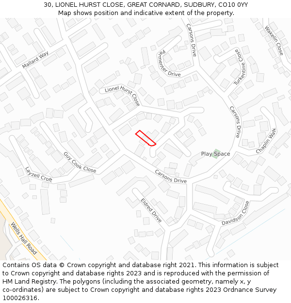 30, LIONEL HURST CLOSE, GREAT CORNARD, SUDBURY, CO10 0YY: Location map and indicative extent of plot