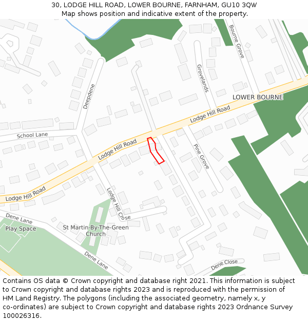 30, LODGE HILL ROAD, LOWER BOURNE, FARNHAM, GU10 3QW: Location map and indicative extent of plot