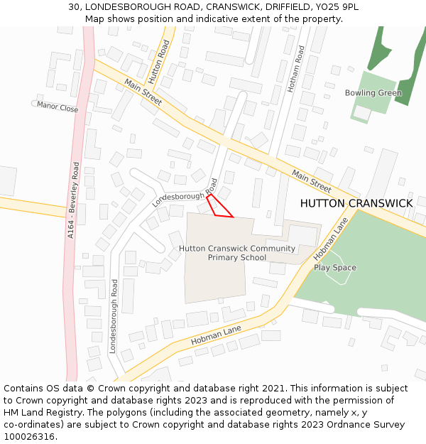 30, LONDESBOROUGH ROAD, CRANSWICK, DRIFFIELD, YO25 9PL: Location map and indicative extent of plot
