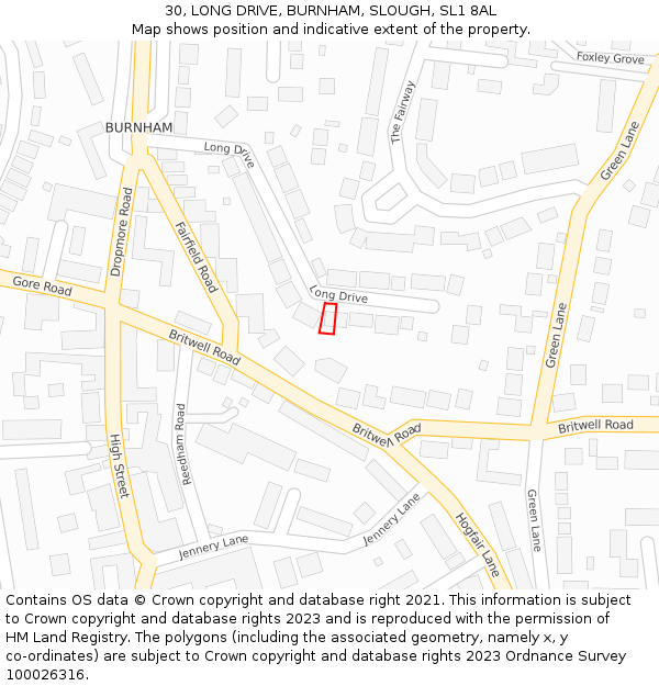 30, LONG DRIVE, BURNHAM, SLOUGH, SL1 8AL: Location map and indicative extent of plot