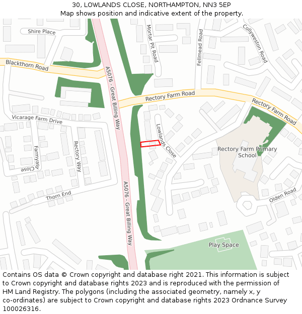 30, LOWLANDS CLOSE, NORTHAMPTON, NN3 5EP: Location map and indicative extent of plot