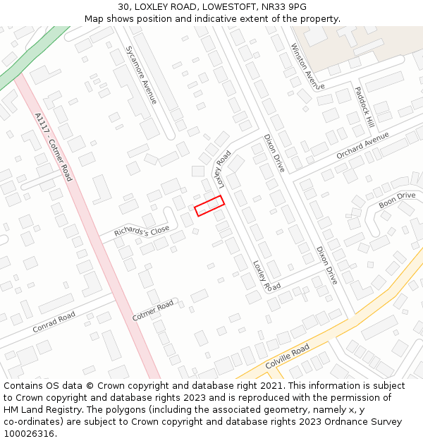 30, LOXLEY ROAD, LOWESTOFT, NR33 9PG: Location map and indicative extent of plot