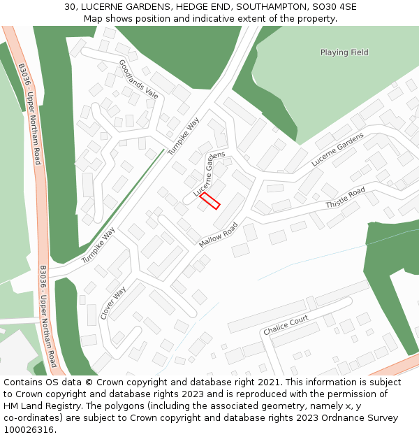 30, LUCERNE GARDENS, HEDGE END, SOUTHAMPTON, SO30 4SE: Location map and indicative extent of plot
