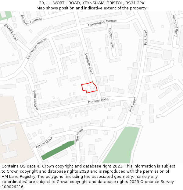 30, LULWORTH ROAD, KEYNSHAM, BRISTOL, BS31 2PX: Location map and indicative extent of plot