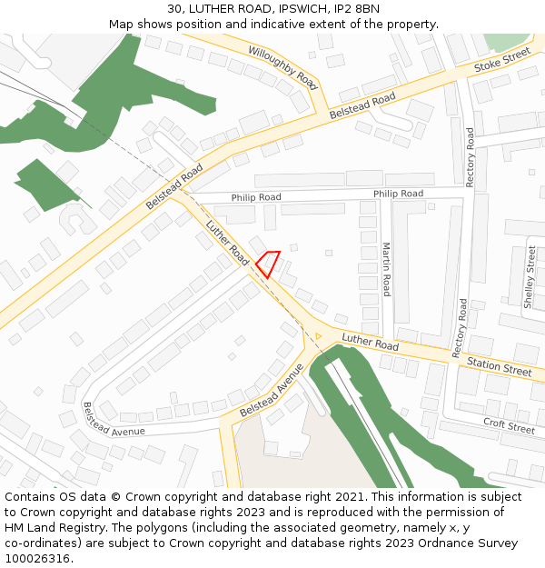 30, LUTHER ROAD, IPSWICH, IP2 8BN: Location map and indicative extent of plot