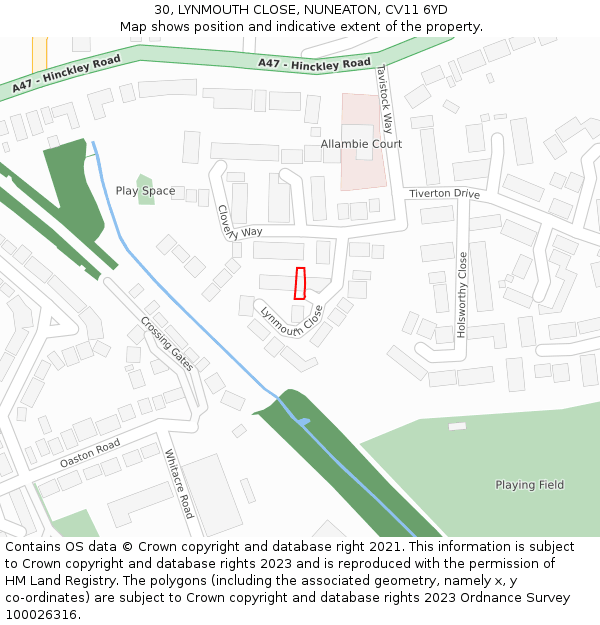 30, LYNMOUTH CLOSE, NUNEATON, CV11 6YD: Location map and indicative extent of plot