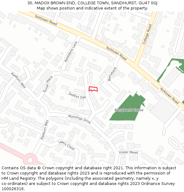 30, MADOX BROWN END, COLLEGE TOWN, SANDHURST, GU47 0GJ: Location map and indicative extent of plot