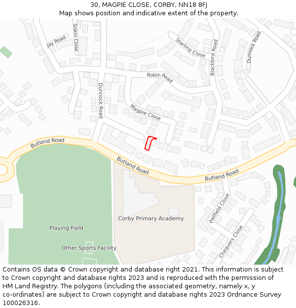 30, MAGPIE CLOSE, CORBY, NN18 8FJ: Location map and indicative extent of plot