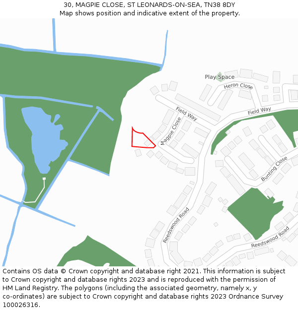 30, MAGPIE CLOSE, ST LEONARDS-ON-SEA, TN38 8DY: Location map and indicative extent of plot