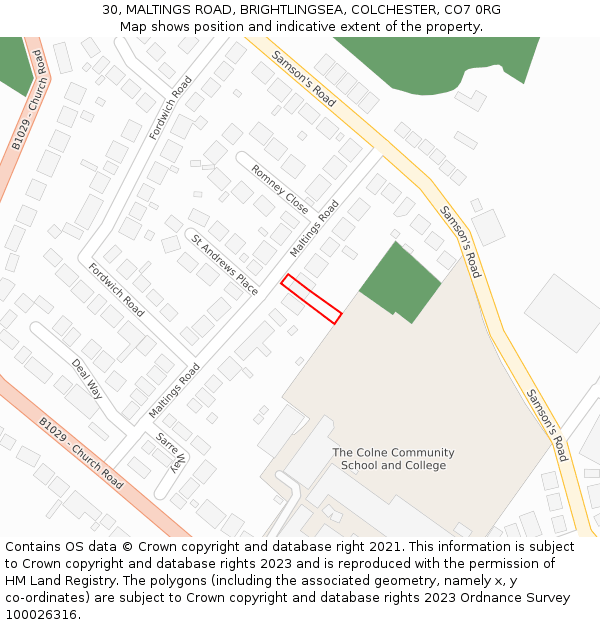 30, MALTINGS ROAD, BRIGHTLINGSEA, COLCHESTER, CO7 0RG: Location map and indicative extent of plot
