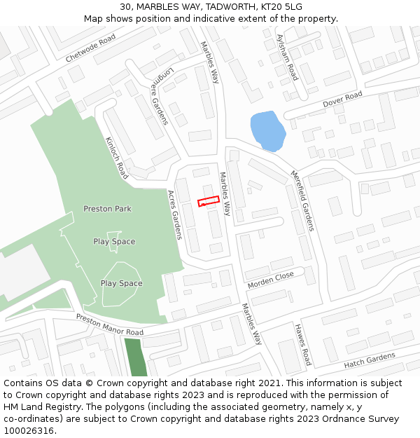 30, MARBLES WAY, TADWORTH, KT20 5LG: Location map and indicative extent of plot