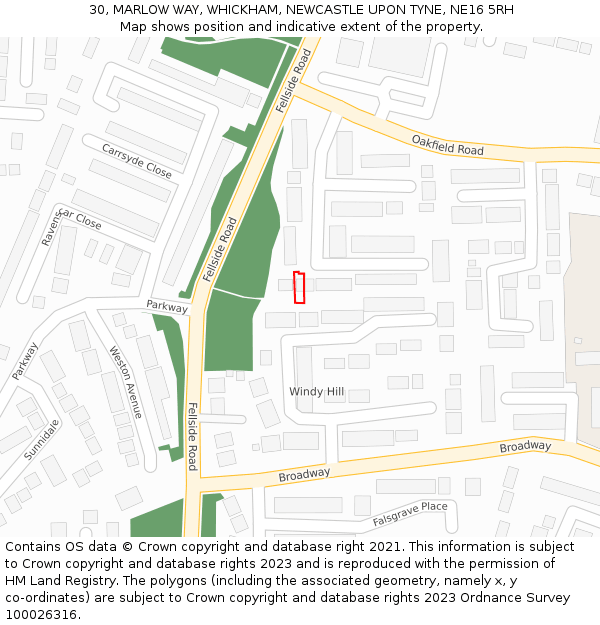 30, MARLOW WAY, WHICKHAM, NEWCASTLE UPON TYNE, NE16 5RH: Location map and indicative extent of plot