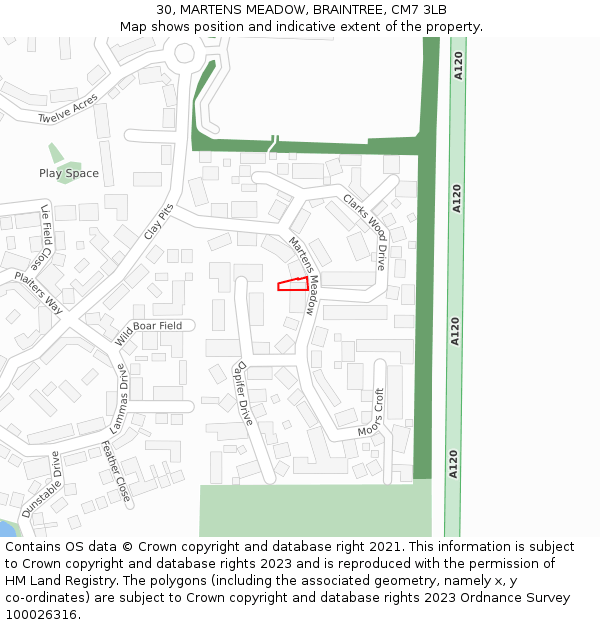 30, MARTENS MEADOW, BRAINTREE, CM7 3LB: Location map and indicative extent of plot