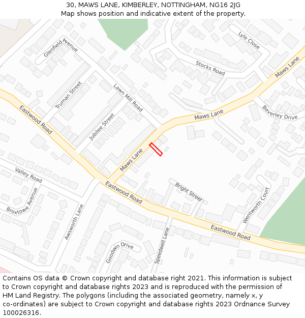 30, MAWS LANE, KIMBERLEY, NOTTINGHAM, NG16 2JG: Location map and indicative extent of plot