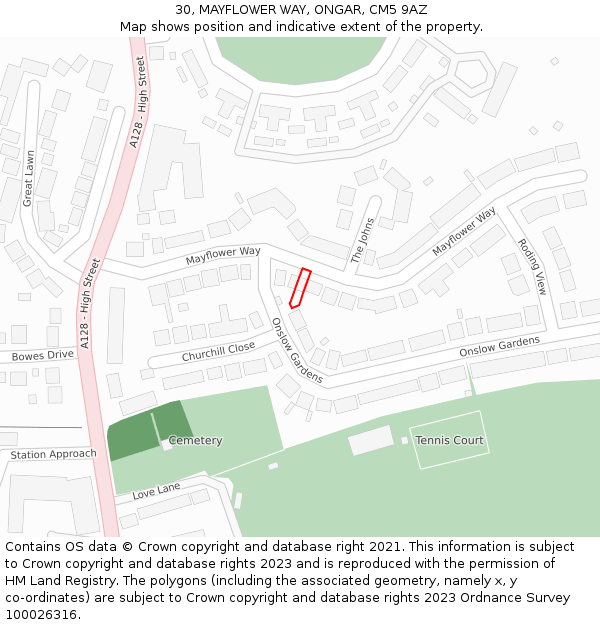 30, MAYFLOWER WAY, ONGAR, CM5 9AZ: Location map and indicative extent of plot