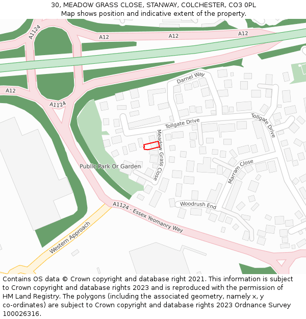 30, MEADOW GRASS CLOSE, STANWAY, COLCHESTER, CO3 0PL: Location map and indicative extent of plot