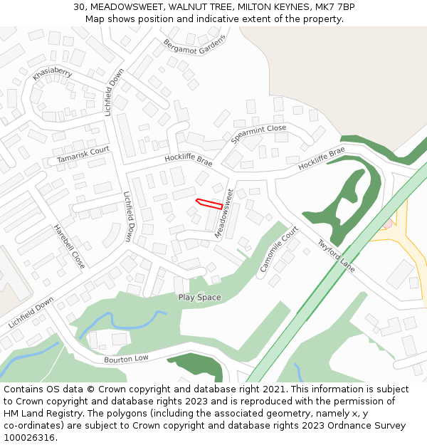 30, MEADOWSWEET, WALNUT TREE, MILTON KEYNES, MK7 7BP: Location map and indicative extent of plot