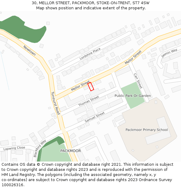 30, MELLOR STREET, PACKMOOR, STOKE-ON-TRENT, ST7 4SW: Location map and indicative extent of plot
