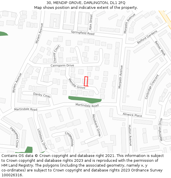 30, MENDIP GROVE, DARLINGTON, DL1 2FQ: Location map and indicative extent of plot