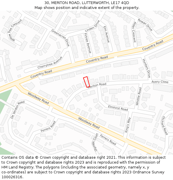 30, MERITON ROAD, LUTTERWORTH, LE17 4QD: Location map and indicative extent of plot