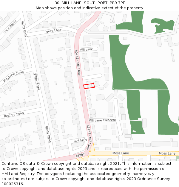 30, MILL LANE, SOUTHPORT, PR9 7PE: Location map and indicative extent of plot