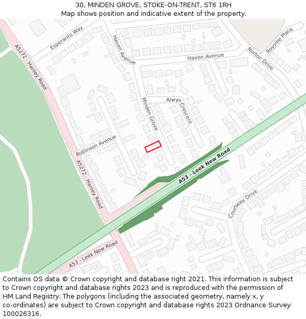30, MINDEN GROVE, STOKE-ON-TRENT, ST6 1RH: Location map and indicative extent of plot