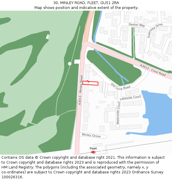 30, MINLEY ROAD, FLEET, GU51 2RA: Location map and indicative extent of plot