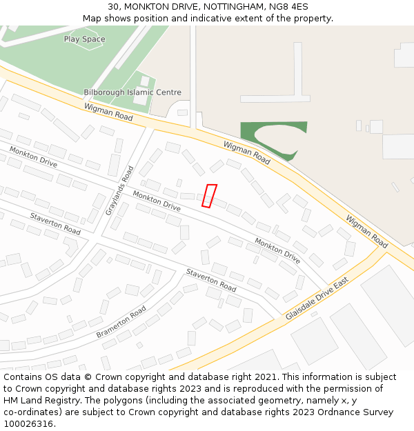 30, MONKTON DRIVE, NOTTINGHAM, NG8 4ES: Location map and indicative extent of plot