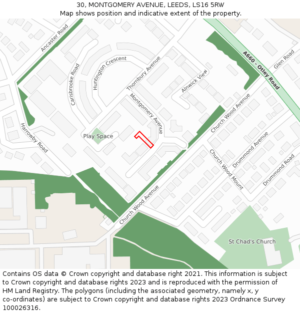 30, MONTGOMERY AVENUE, LEEDS, LS16 5RW: Location map and indicative extent of plot