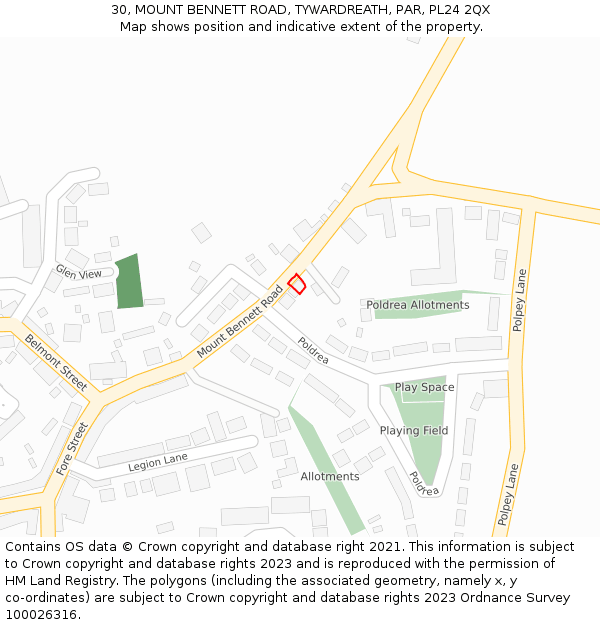 30, MOUNT BENNETT ROAD, TYWARDREATH, PAR, PL24 2QX: Location map and indicative extent of plot