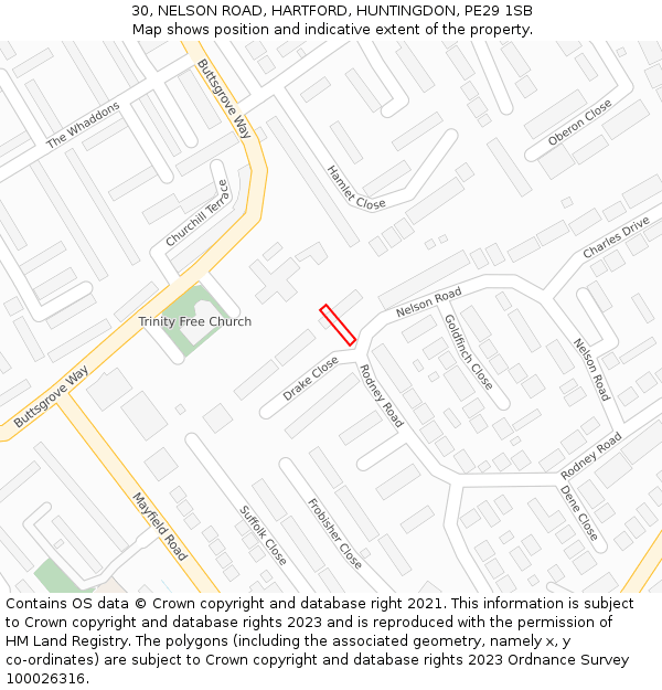 30, NELSON ROAD, HARTFORD, HUNTINGDON, PE29 1SB: Location map and indicative extent of plot