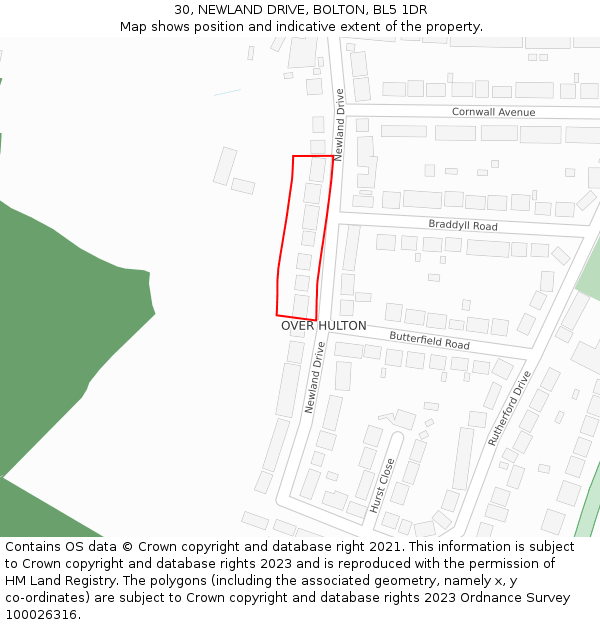 30, NEWLAND DRIVE, BOLTON, BL5 1DR: Location map and indicative extent of plot
