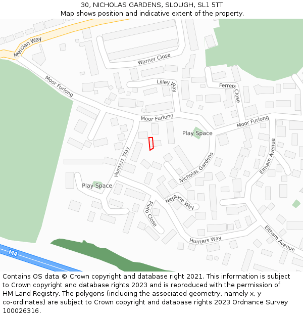 30, NICHOLAS GARDENS, SLOUGH, SL1 5TT: Location map and indicative extent of plot