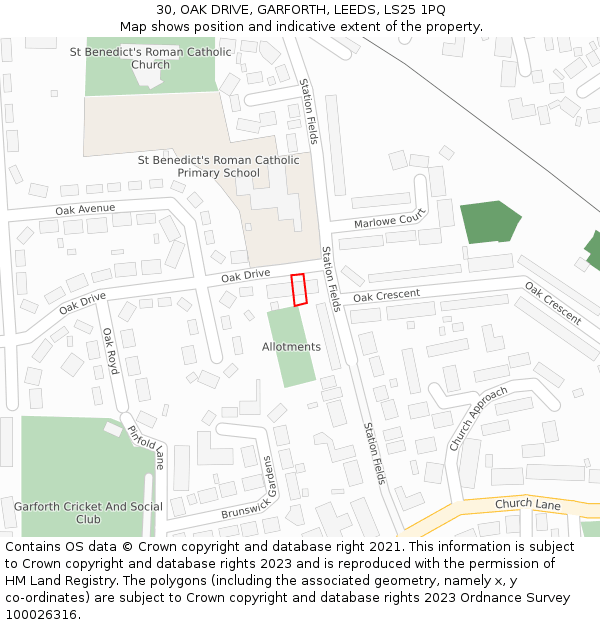 30, OAK DRIVE, GARFORTH, LEEDS, LS25 1PQ: Location map and indicative extent of plot