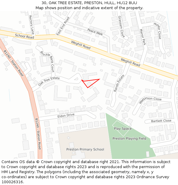 30, OAK TREE ESTATE, PRESTON, HULL, HU12 8UU: Location map and indicative extent of plot