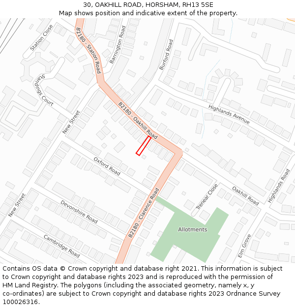 30, OAKHILL ROAD, HORSHAM, RH13 5SE: Location map and indicative extent of plot