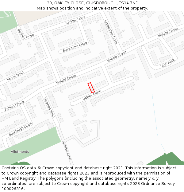 30, OAKLEY CLOSE, GUISBOROUGH, TS14 7NF: Location map and indicative extent of plot