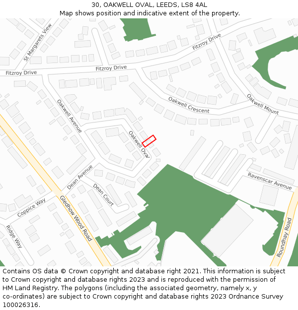 30, OAKWELL OVAL, LEEDS, LS8 4AL: Location map and indicative extent of plot