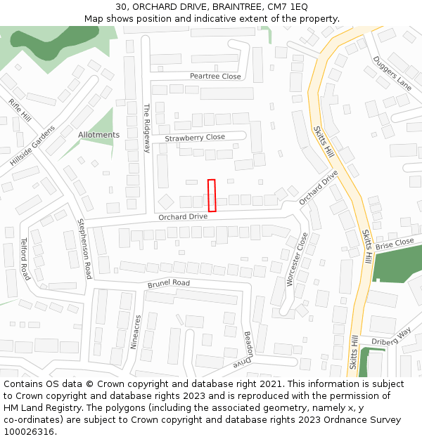 30, ORCHARD DRIVE, BRAINTREE, CM7 1EQ: Location map and indicative extent of plot