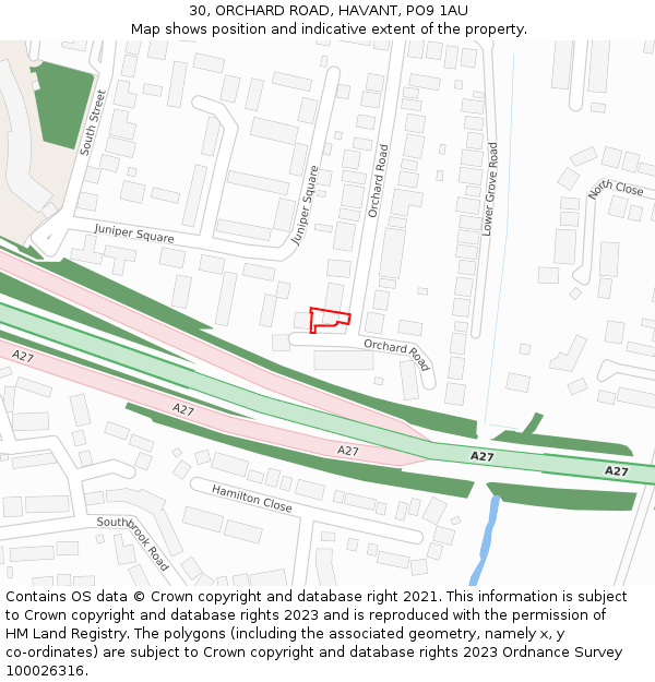 30, ORCHARD ROAD, HAVANT, PO9 1AU: Location map and indicative extent of plot