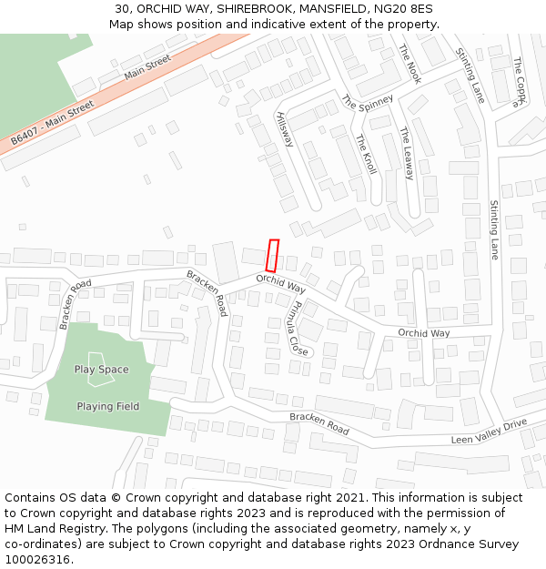 30, ORCHID WAY, SHIREBROOK, MANSFIELD, NG20 8ES: Location map and indicative extent of plot
