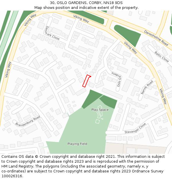 30, OSLO GARDENS, CORBY, NN18 9DS: Location map and indicative extent of plot