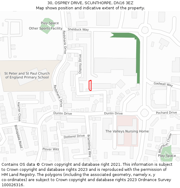 30, OSPREY DRIVE, SCUNTHORPE, DN16 3EZ: Location map and indicative extent of plot