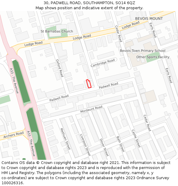 30, PADWELL ROAD, SOUTHAMPTON, SO14 6QZ: Location map and indicative extent of plot
