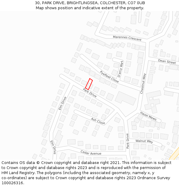 30, PARK DRIVE, BRIGHTLINGSEA, COLCHESTER, CO7 0UB: Location map and indicative extent of plot
