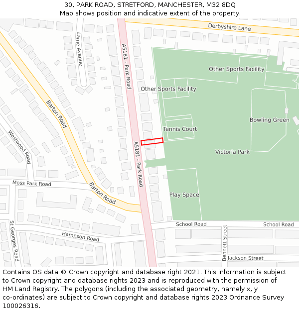 30, PARK ROAD, STRETFORD, MANCHESTER, M32 8DQ: Location map and indicative extent of plot